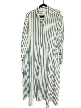 Large Striped Button-Front Maxi Shirt Dress in Green and White